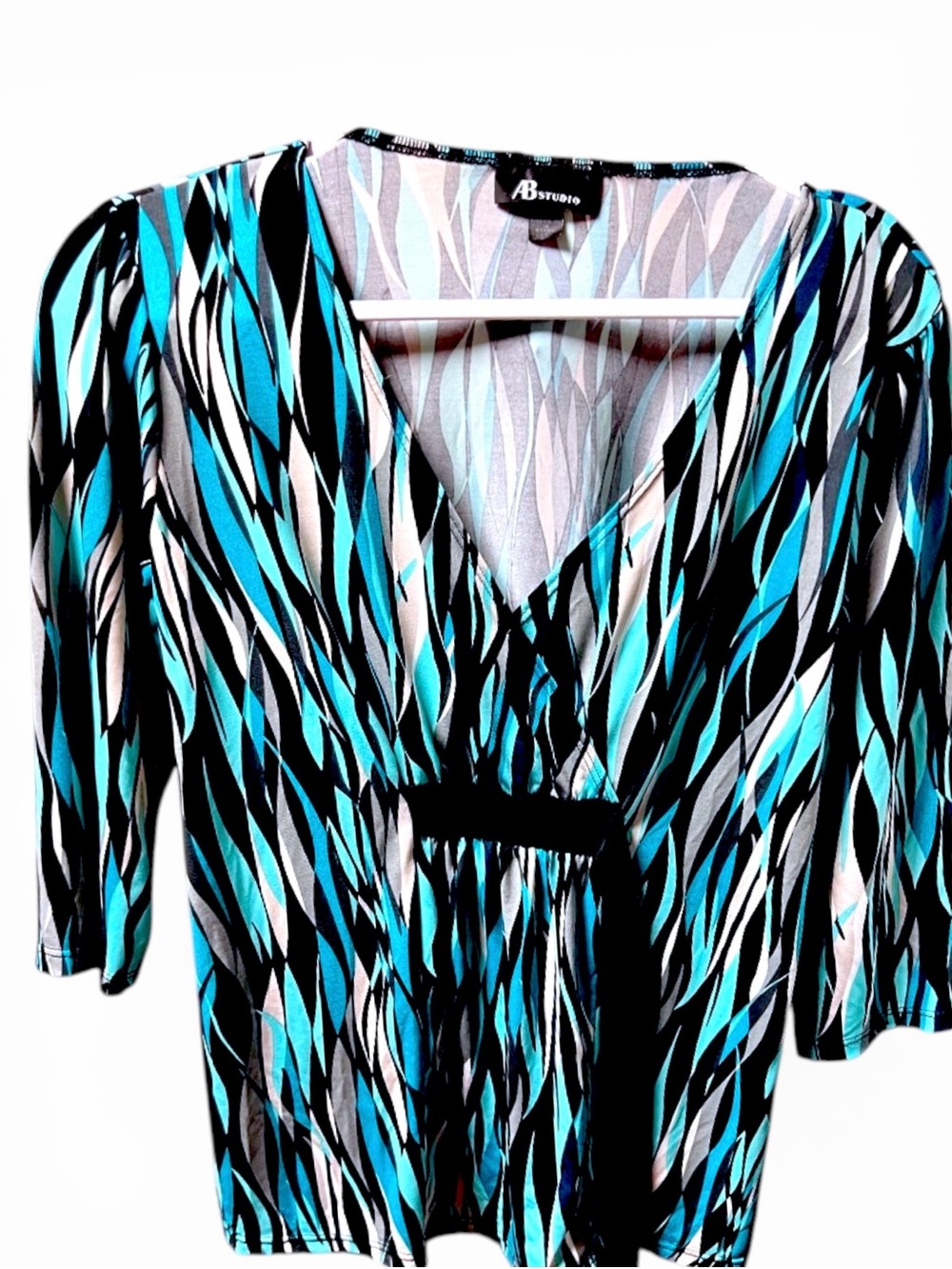 AB Studio V-Neck Turquoise Abstract Print Wrap Top - Women - Picture 2 of 4
